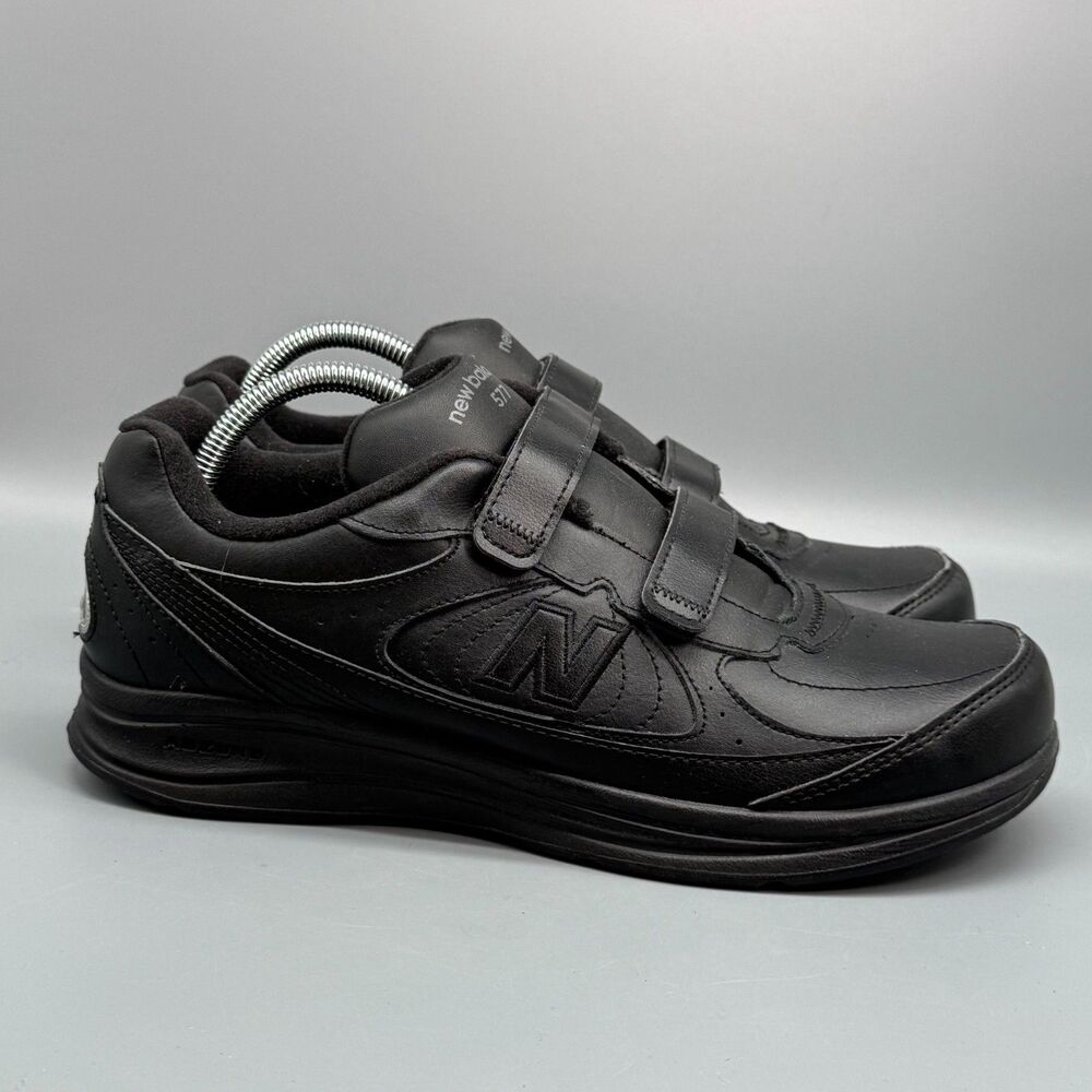 New Balance 577 Men's 9 Black Leather Walking Sneakers Hook & Loop Low Top